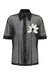 Camisa lírio preta transparente com gola e botões pretos, detalhe de flor branca bordada no peito