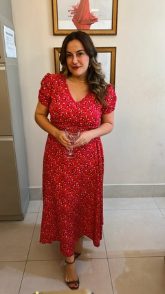 VESTIDO LONGO FLORIDO COM MANGA PLISSADA