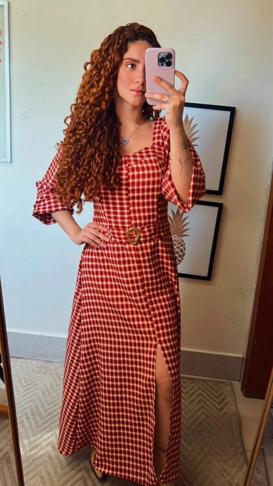 VESTIDO XADREZ DE MANGA LONGA COM CINTO