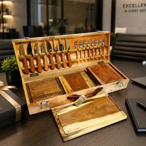 Kit para asado para 8 personas con cubiertos jumbo y tablas de madera integradas en estuche de madera abierto