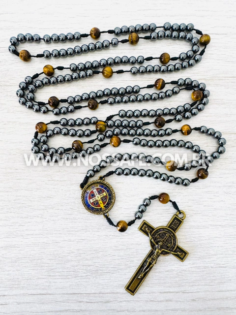 Rosário Nossa Fé em Pedras Naturais Hematita e Olho de Tigre Originais - comprar online