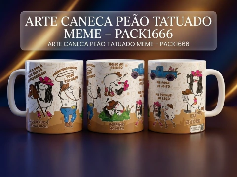Amostra de pack de artes para caneca de porcelana personalizada com frases engraçadas baseadas no meme do peão tatuado