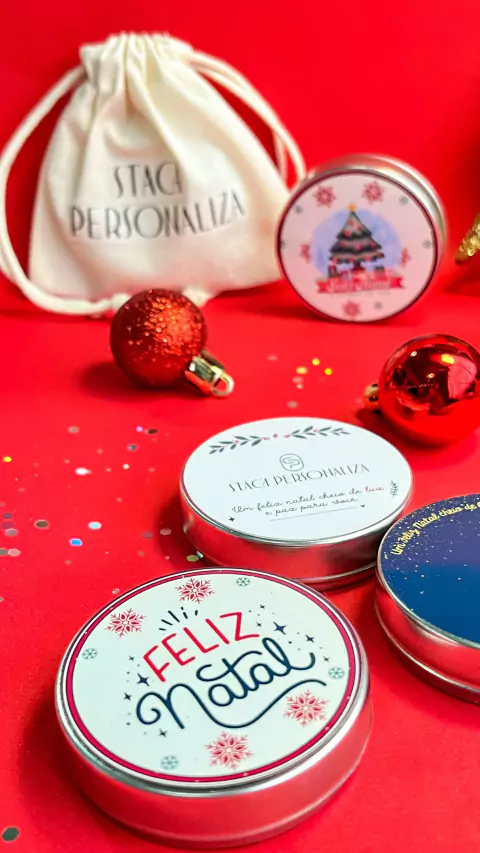 Vela Latinha Personalizada Com Frase Secreta e Saquinho de Algodão Cru- Lembrancinha Natal
