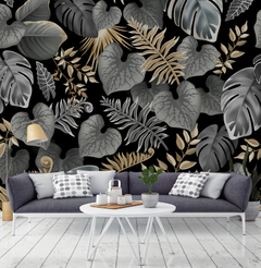 Empapelado Hojas Tropicales Negro Y Dorado - tienda online
