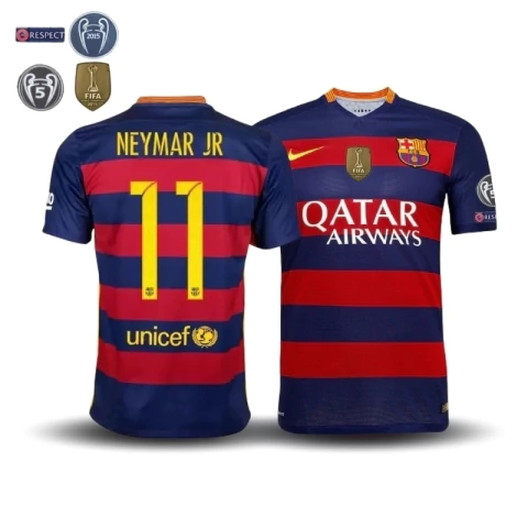 15/16, Camisa Barça retrô Neymar, Camisa Nike Barcelona Neymar, Camisa futebol Barcelona Neymar 2015, Camisa Neymar #11 retrô Barça, Camisa Barcelona Champions League, Camisa Barcelona campeão mundial FIFA, Camisa Barcelona Neymar com patch Champions.