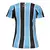 Camisa feminina azul do Grêmio, com listras verticais em preto e azul claro, vista de trás.