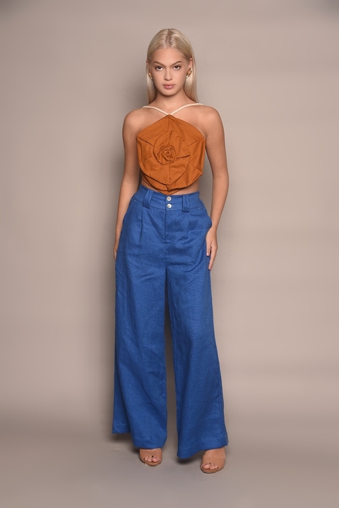 Calça Pantalona Linho Puro Azul