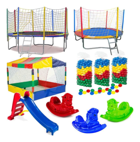 Kit Cama Elástica 2,30m + Cama Elástica 3,05m + Piscina de Bolinhas 1,50m + 1.500 Bolinhas + Escorregador Médio + 3 Gangorras