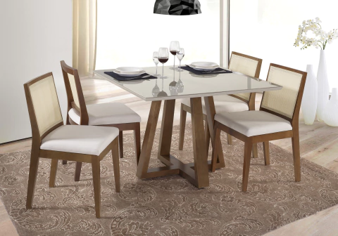 Conj Mesa jantar Tampo Quadrada Canto Reto com Vidro 4mm e 4 Cadeiras DORA com Acento Estofado e Encosto Tela - VERSATILE