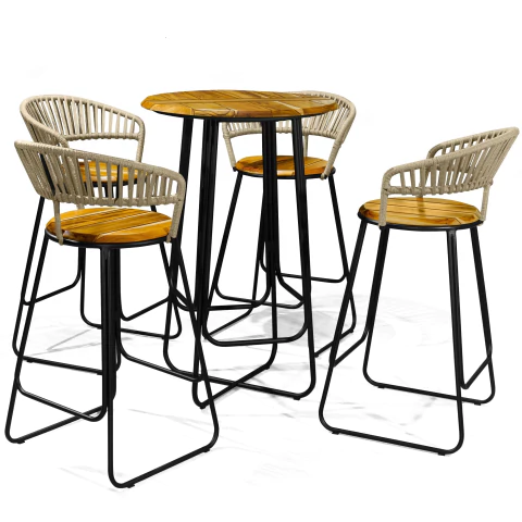 Conjunto Bistrô com 4 banquetas em Corda Náutica e Madeira Maciça com Alumínio - IMPÉRIO