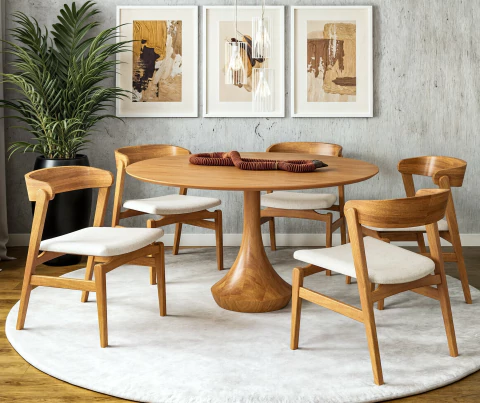 Conjunto mesa jantar redonda com tampo madeira e 6 cadeiras - MAHAL - comprar online