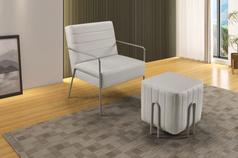 Poltrona com Pufe estofada com pés e braços no metal - ROMA - comprar online