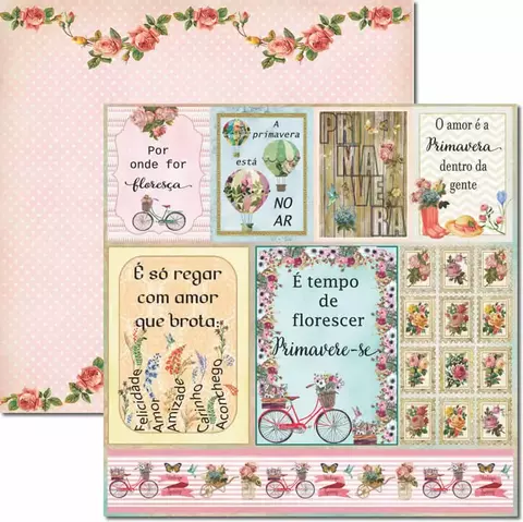 Papel para Scrapbook Dupla Face - SC-446 - Primavera Tags - Arte Fácil