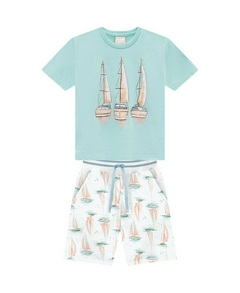 Conjunto Infantil Menino Camiseta e Bermuda Azul Claro Barquinho - Milon