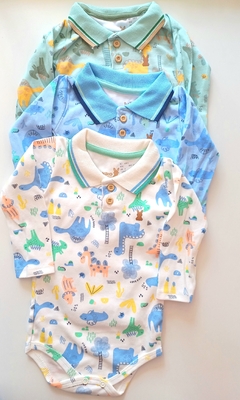 Kit 3 Body Manga Longa Gola Polo Dinos - Kiko baby
