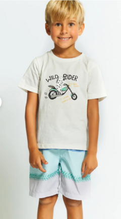 Conjunto Infantil Menino Camiseta + Bermuda Estampa Zebra Motoqueira – Tam. 8 a 10 anos – Off White e Azul