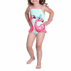 Maiô Infantil Feminino Alakazoo Flamingos Azul Piscina Ref.39263