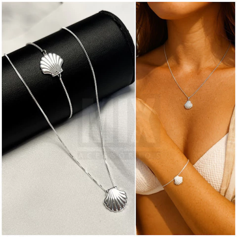 Kit Colar e Pulseira Concha Mar Búzios Praia Feminino