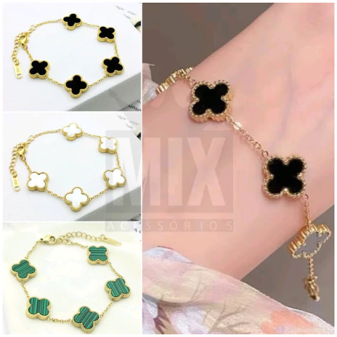 Pulseira Trevos em Aço Inox Dourado – Preto, Branco ou Verde