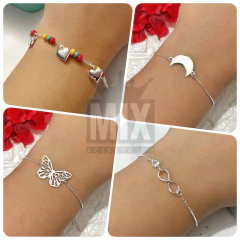Pulseira Feminina Lua Borboleta Infinito Coração Folheada à Prata