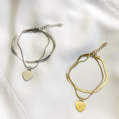 Pulseira Dupla Coração Dourado ou Prata em Aço Inoxidável - comprar online