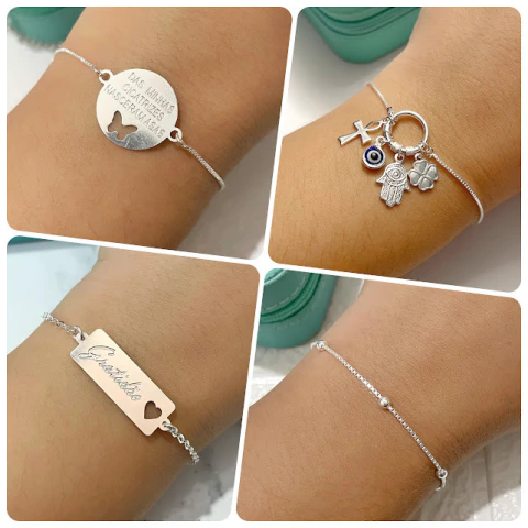 Pulseira Amuleto Gratidão Frases Bolinha Folheada à Prata