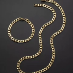 Kit Corrente e Pulseira Masculina Elo Grume em Aço Inoxidável Banhado Ouro - Mix Acessórios