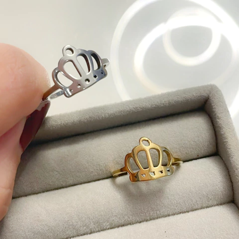 Anel Coroa em Aço Inoxidável Antialérgico Prata ou Dourado Feminino