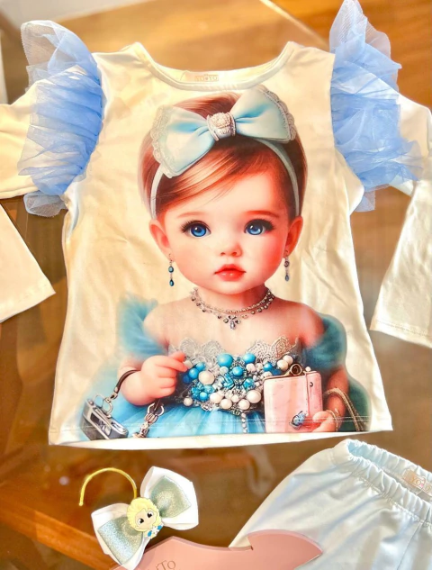 blusa avulsa manga longa com estampa e detalhes em azul