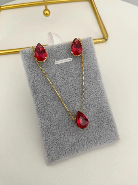 Conjunto de colar e brinco vermelho gota - ouro
