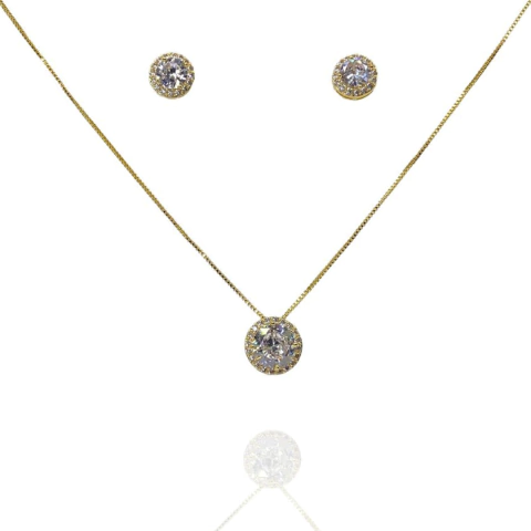 Colar e Brincos Ponto de Luz Contorno Zirc Banho Ouro