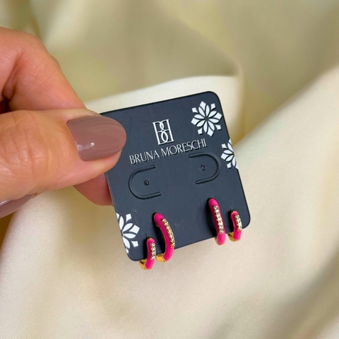 Mix Dupla Brincos Esmalte Pink Banho Ouro