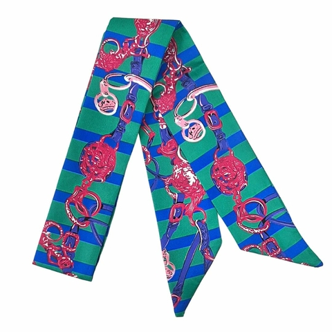 Lenço Fino Twilly Estampado Verde Rosa Azul Cetim