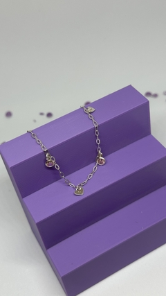 Pulseira ponto luz rosa + corações prata