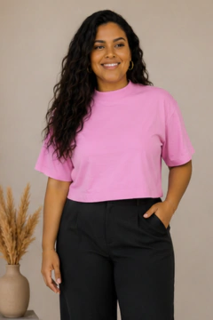 Camiseta cropped feminina 100% algodão premium (mais ajustado ao corpo) - Rosa chiclete