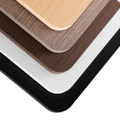 Tampos para mesas com regulagem de altura em diferentes acabamentos de madeira e cores sólidas