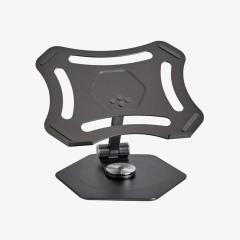 Suporte ajustável para laptop em cor preta, com design moderno e base hexagonal.