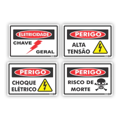 Placas - Chave Geral / Alta Tensão / Choque Elétrico / Risco de Morte (Kit c/ 4 modelos)