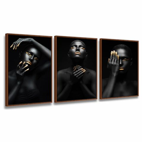 Quadro Decorativo Kit 3 Telas Mulher Preto e Dourado