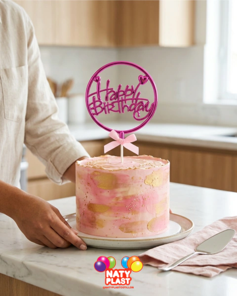 TOPPER HAPPY BIRTHDAY CIRCULO FUCSIA