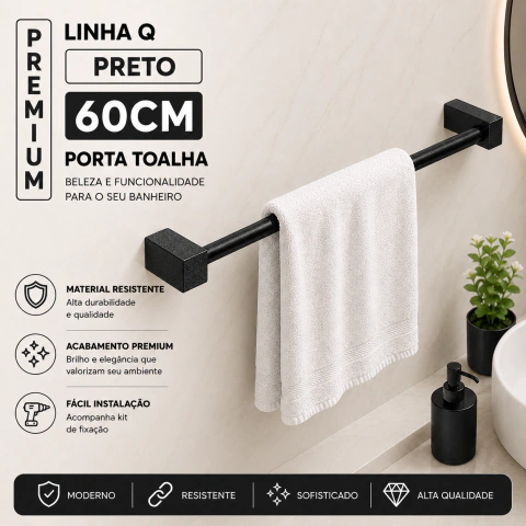 Porta Toalha De Banheiro 60cm Aço Inox 304 Preto Fosco [Q-T60PF]