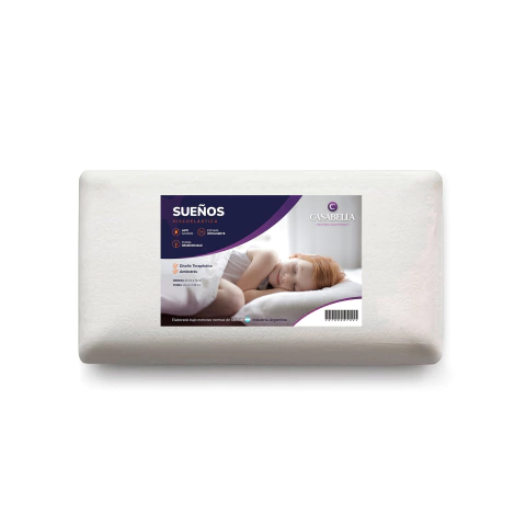 Almohada viscoelástica Casabella Sueños de 70x50 cm, con etiqueta visible y una persona descansando.