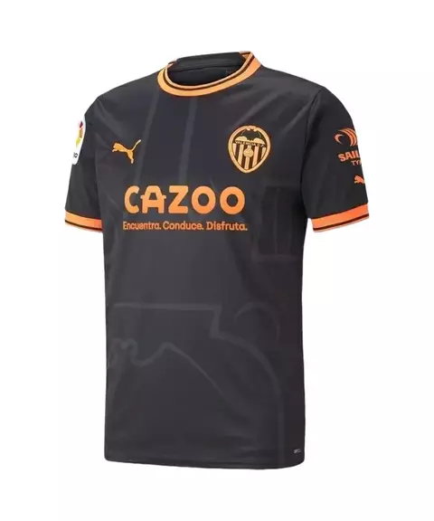camisa-valencia-ii-away-22-23-torcedor-torcedora-Fan-masculina-puma-preto e laranja-europa-espanha-la liga-copa da espanha-champions league