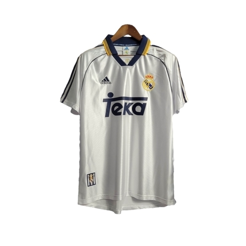 camisa-retro-real-madrid-i-home-98-99-adidas-real-madrid-branca  e azul-europa-la liga-copa da espanha-champions league