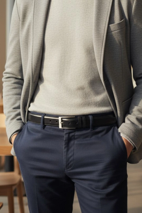 Cinturón de cuero doble costura - Negro - comprar online