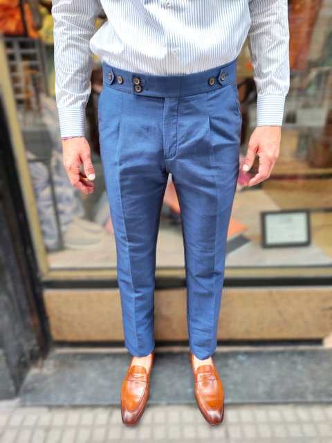 Pantalón azul melange pinzado - comprar online