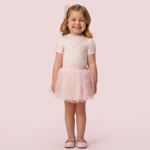 CONJUNTO INFANTIL ROMÂNTICO TULE BRILHANTE ROSA - PETIT CHERIE