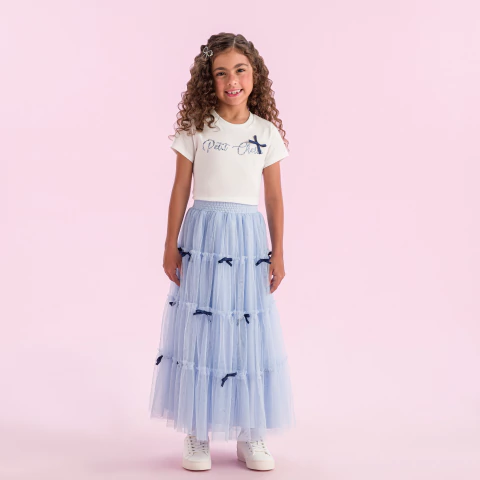 CONJUNTO BLUSA MANGA CURTA SAIA MIDI TULE BABADOS COM LAÇO - comprar online