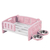 cama elevada para mascotas con dos platos.