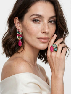 Conjunto de Brincos e Anel Detalhes Pink e Verde
